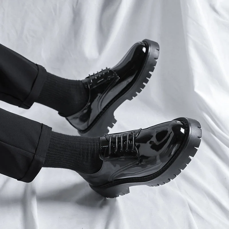 Korean style mens casual business wedding formal dresses patent leather shoes lace-up platform shoe black gentleman footwear man