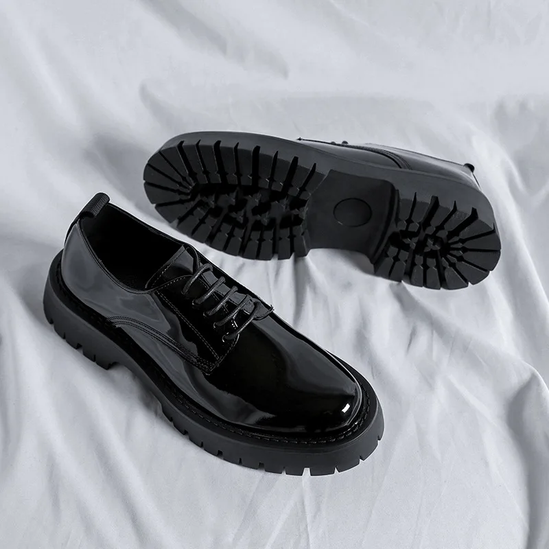 Korean style mens casual business wedding formal dresses patent leather shoes lace-up platform shoe black gentleman footwear man