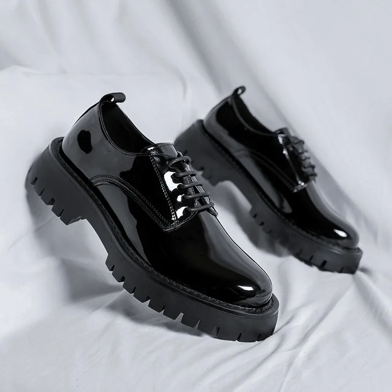 Korean style mens casual business wedding formal dresses patent leather shoes lace-up platform shoe black gentleman footwear man