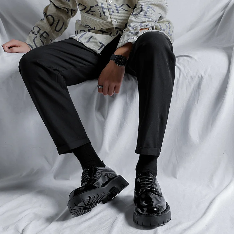 Korean style mens casual business wedding formal dresses patent leather shoes lace-up platform shoe black gentleman footwear man