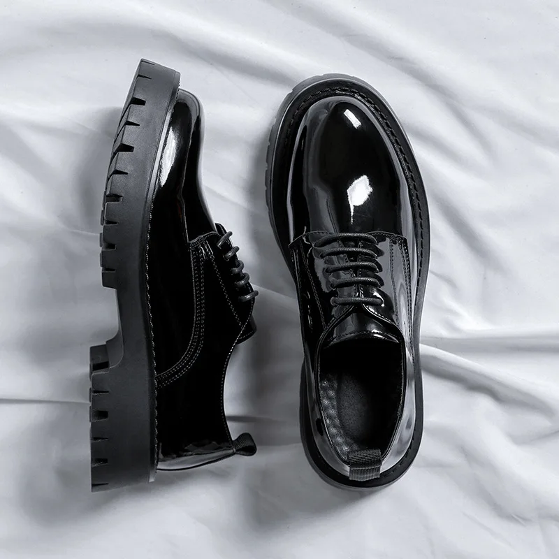 Korean style mens casual business wedding formal dresses patent leather shoes lace-up platform shoe black gentleman footwear man