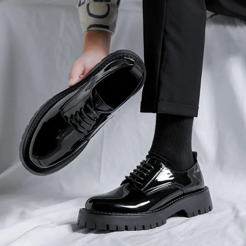 Korean style mens casual business wedding formal dresses patent leather shoes lace-up platform shoe black gentleman footwear man