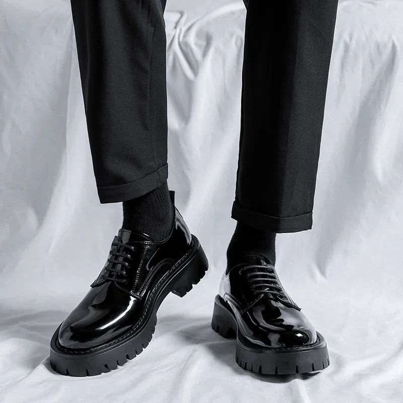 Korean style mens casual business wedding formal dresses patent leather shoes lace-up platform shoe black gentleman footwear man
