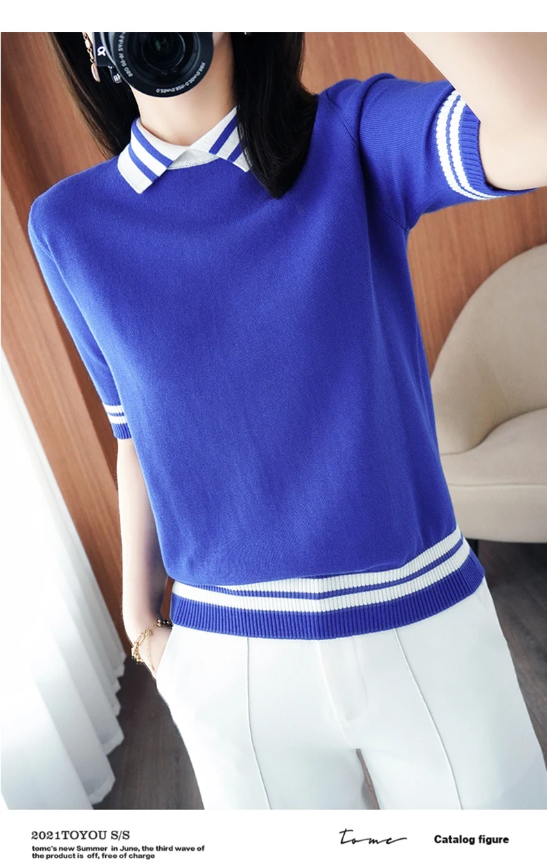 T-shirt women's summer new 100% cotton knitted sweater short-sleeved casual lapel stitching large size women's pullover