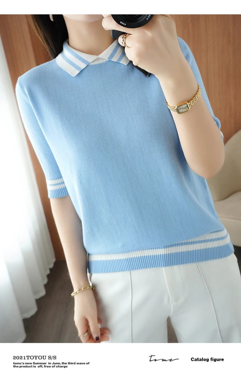 T-shirt women's summer new 100% cotton knitted sweater short-sleeved casual lapel stitching large size women's pullover