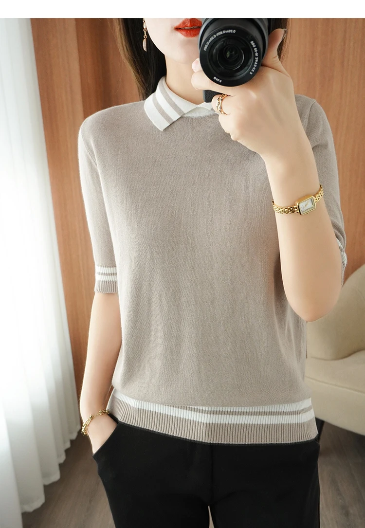 T-shirt women's summer new 100% cotton knitted sweater short-sleeved casual lapel stitching large size women's pullover
