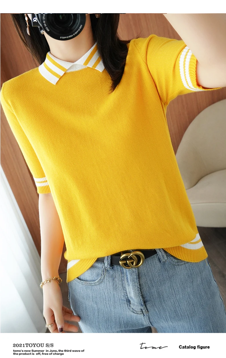 T-shirt women's summer new 100% cotton knitted sweater short-sleeved casual lapel stitching large size women's pullover