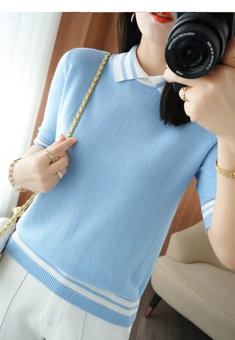 T-shirt women's summer new 100% cotton knitted sweater short-sleeved casual lapel stitching large size women's pullover