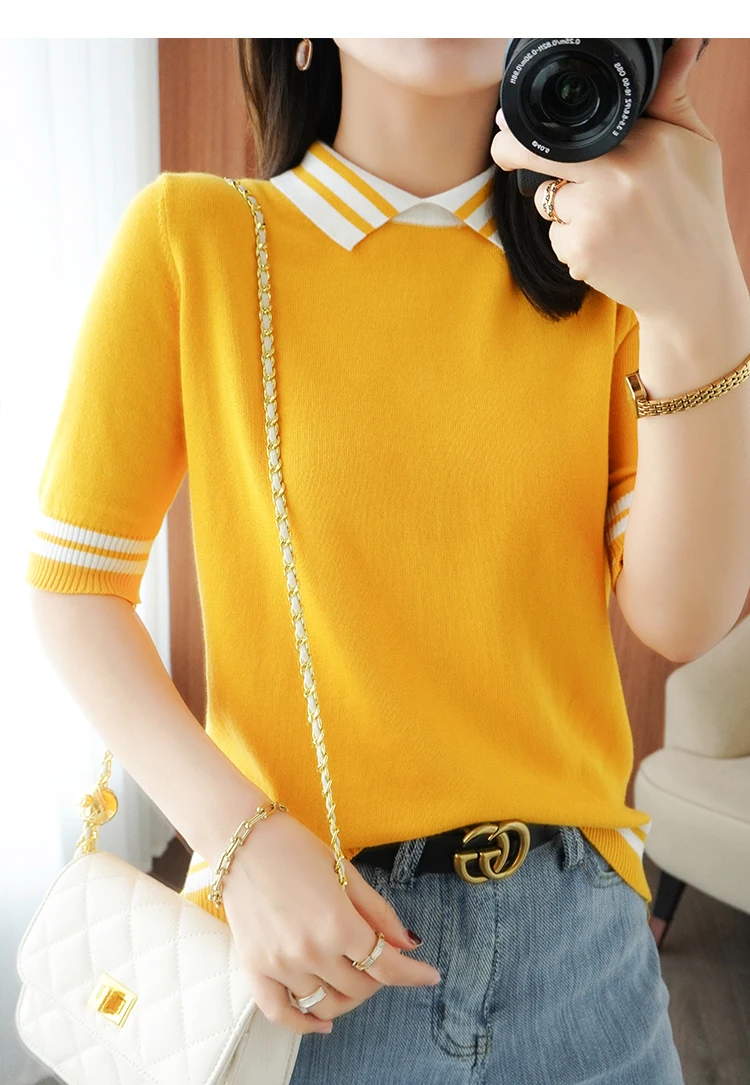 T-shirt women's summer new 100% cotton knitted sweater short-sleeved casual lapel stitching large size women's pullover