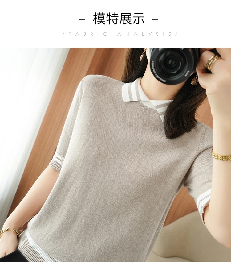 T-shirt women's summer new 100% cotton knitted sweater short-sleeved casual lapel stitching large size women's pullover