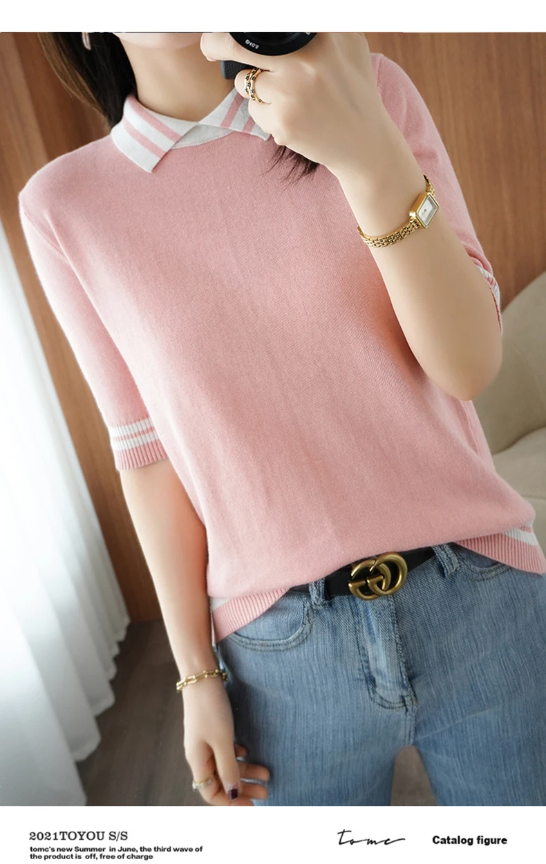 T-shirt women's summer new 100% cotton knitted sweater short-sleeved casual lapel stitching large size women's pullover