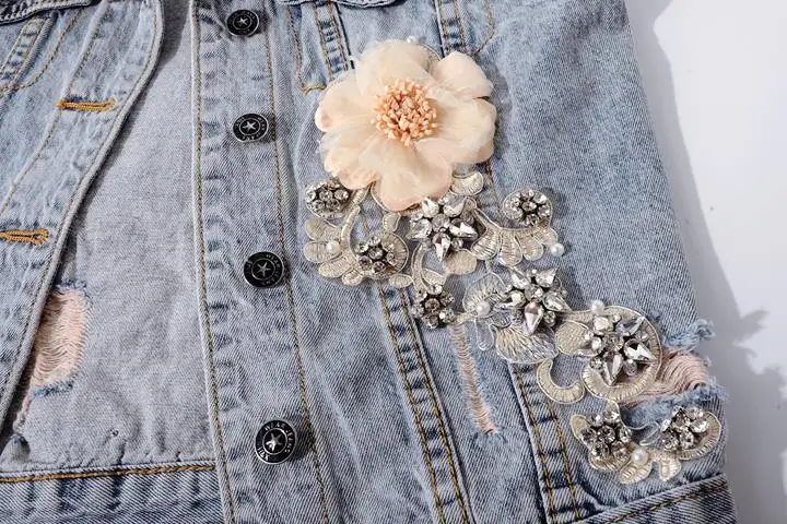 Women's Diamond-encrusted Flower Denim Vest Cropped Sleeveless Top Korean Fashion Streetwear Designer Vest Coat Trendy Waistcoat