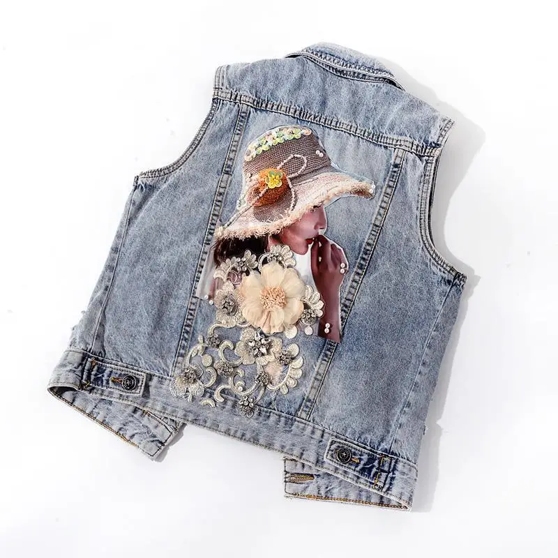 Women's Diamond-encrusted Flower Denim Vest Cropped Sleeveless Top Korean Fashion Streetwear Designer Vest Coat Trendy Waistcoat