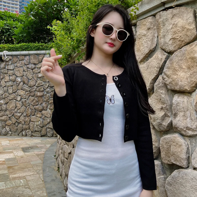 Knitted Ladies Sweaters Outerwear Black Blouses Clothing Crochet Top Jersey Cropped Tricot Korean Fashion Style Cardigan Female