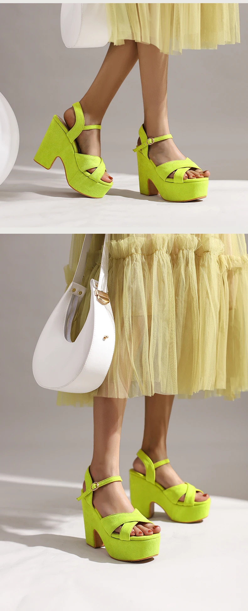 Frosted Flock Material Wedge Heel Breathable Women's Summer Sandals Ultra-High Waterproof Platform Fluorescent Green Sandals