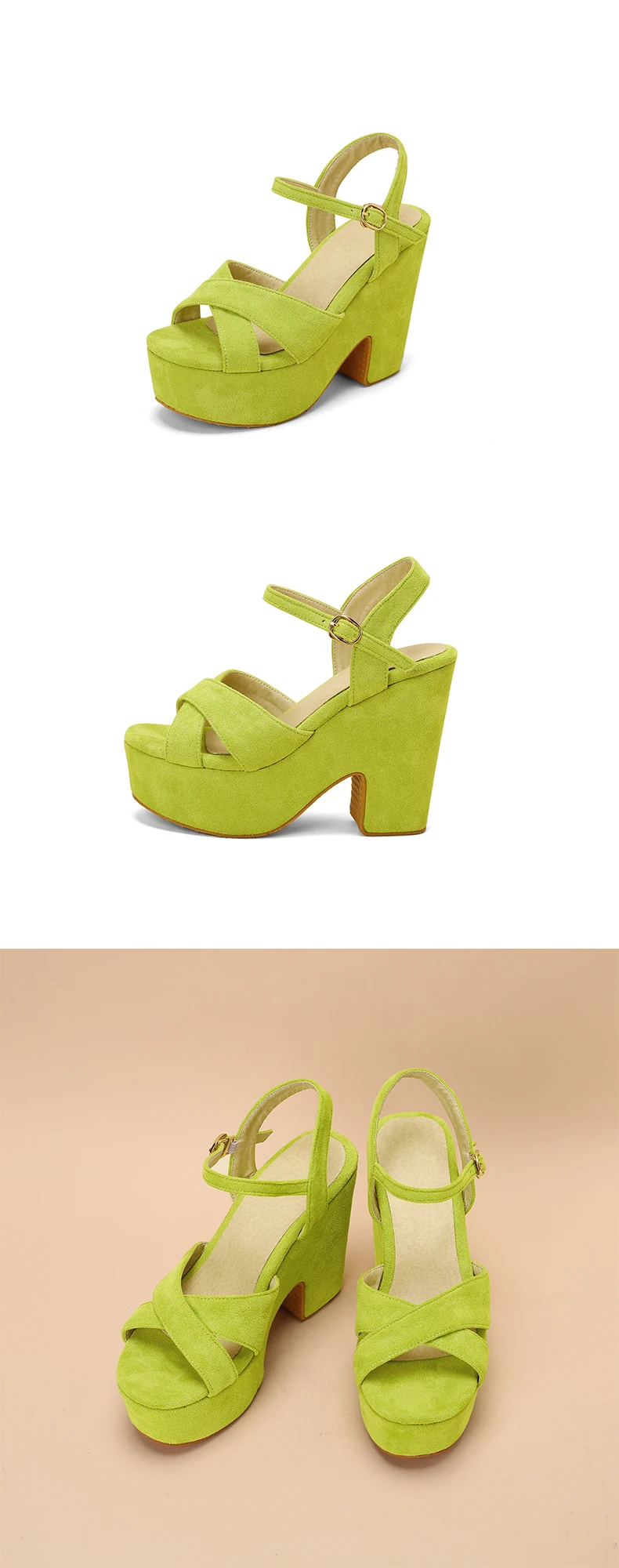 Frosted Flock Material Wedge Heel Breathable Women's Summer Sandals Ultra-High Waterproof Platform Fluorescent Green Sandals