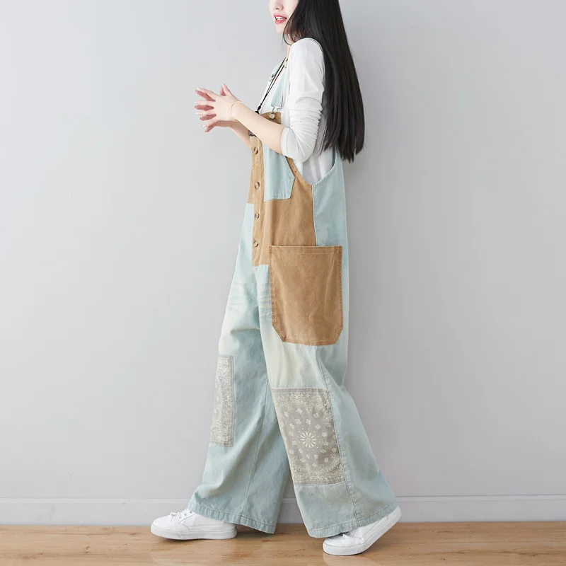 Amax luluE 2024 Japanese Design Ladies Luxury Fashion Denim Overalls Women Loose Vintage Jeans Printed Patchwork Punk Streetwear