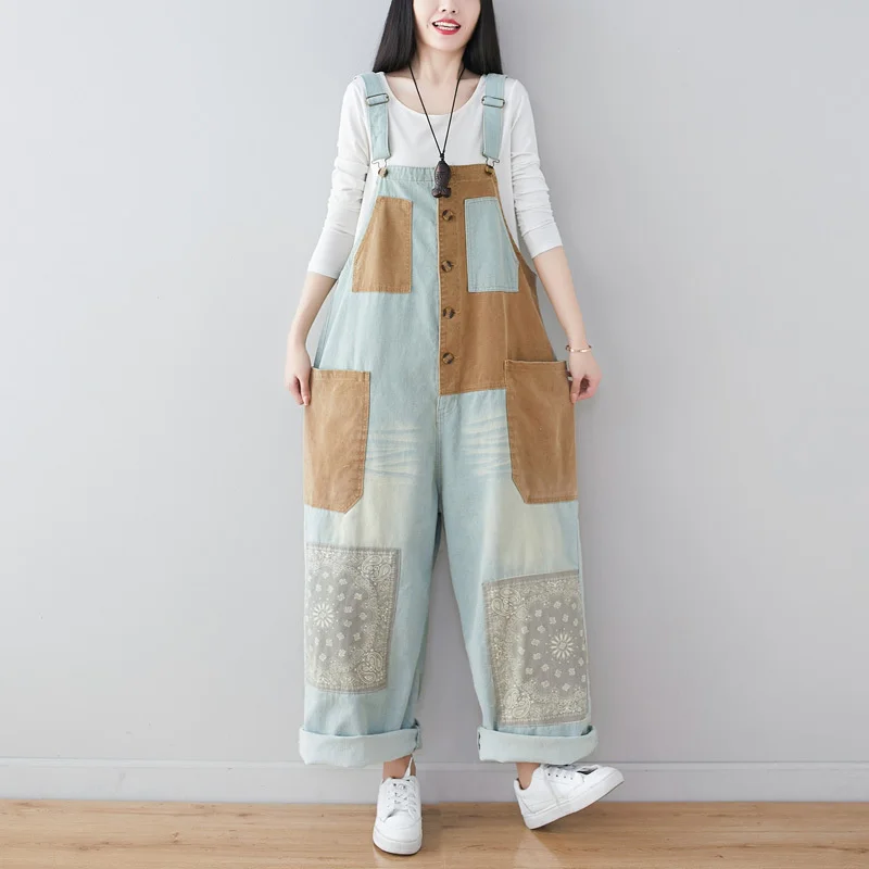 Amax luluE 2024 Japanese Design Ladies Luxury Fashion Denim Overalls Women Loose Vintage Jeans Printed Patchwork Punk Streetwear