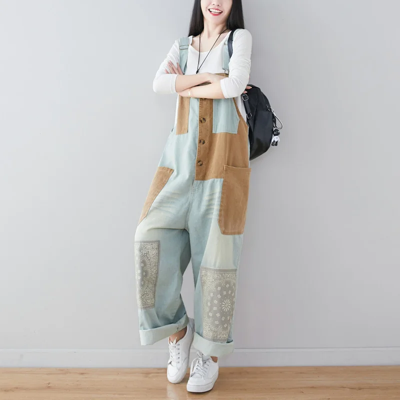 Amax luluE 2024 Japanese Design Ladies Luxury Fashion Denim Overalls Women Loose Vintage Jeans Printed Patchwork Punk Streetwear