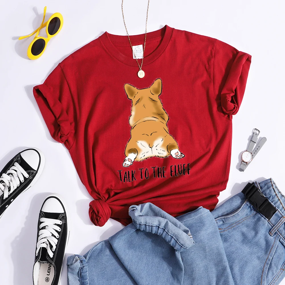 Talk To The Fluff Kawaii Corgi Print Female T Shirt Summer Comfortable Tshirt Street Hip Hop Tops Tee Breathable Cool Crop Top