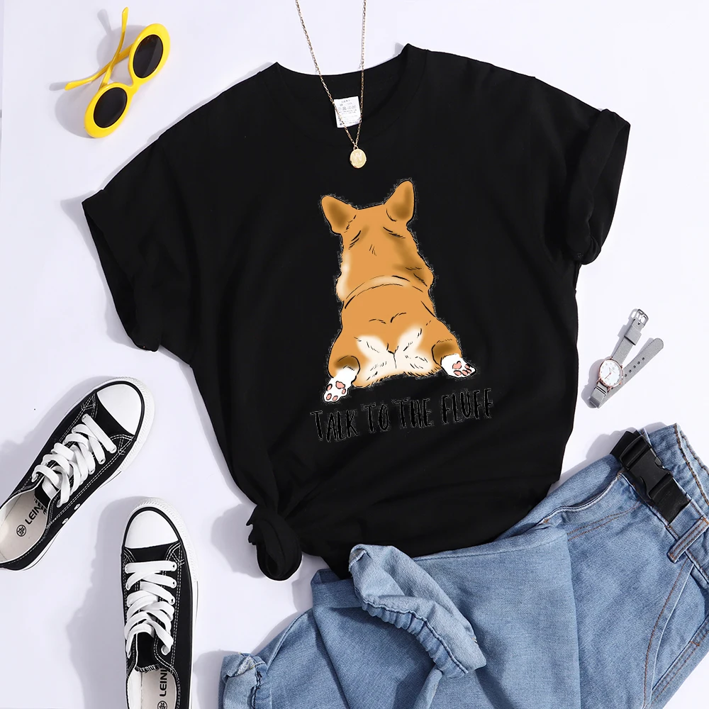 Talk To The Fluff Kawaii Corgi Print Female T Shirt Summer Comfortable Tshirt Street Hip Hop Tops Tee Breathable Cool Crop Top