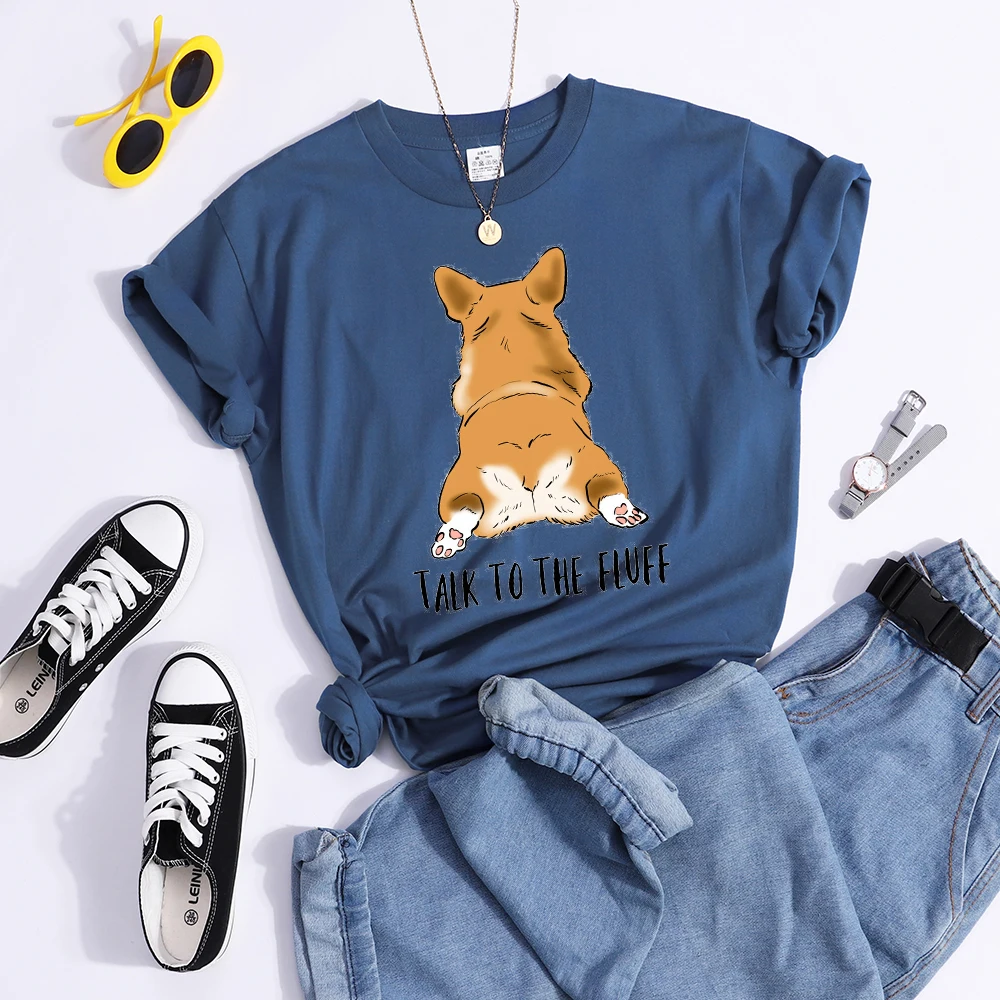 Talk To The Fluff Kawaii Corgi Print Female T Shirt Summer Comfortable Tshirt Street Hip Hop Tops Tee Breathable Cool Crop Top