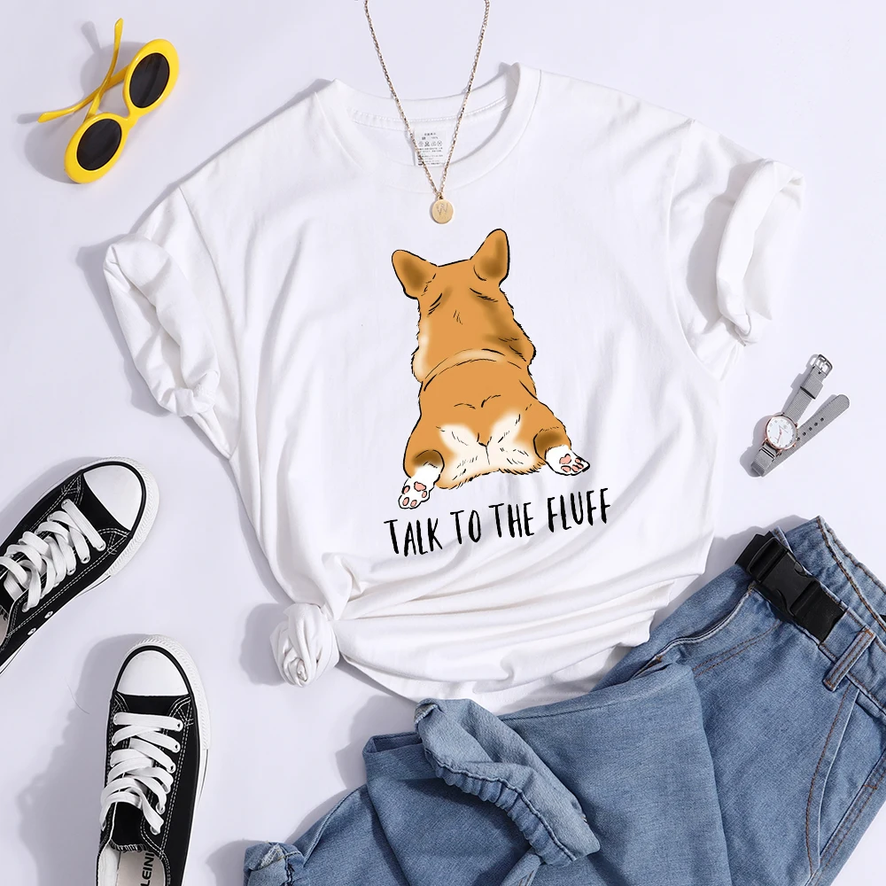Talk To The Fluff Kawaii Corgi Print Female T Shirt Summer Comfortable Tshirt Street Hip Hop Tops Tee Breathable Cool Crop Top