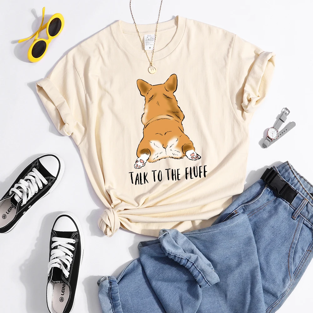 Talk To The Fluff Kawaii Corgi Print Female T Shirt Summer Comfortable Tshirt Street Hip Hop Tops Tee Breathable Cool Crop Top