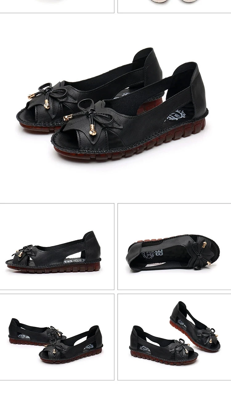 Lorilury Red Bowtie Peep Toe Summer Sandals Women Breathable Leather Moccasin Female Ladies Wedges Elegant Shoes Big Size 41 42