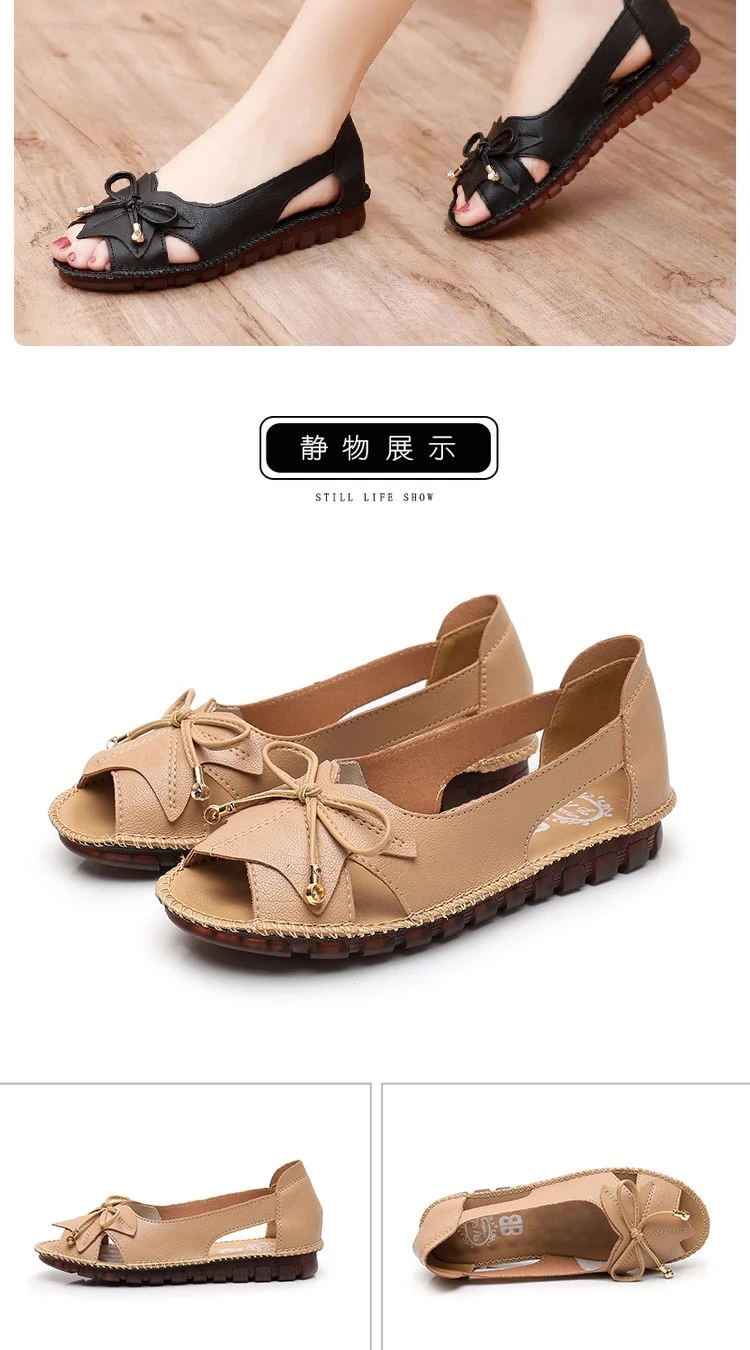 Lorilury Red Bowtie Peep Toe Summer Sandals Women Breathable Leather Moccasin Female Ladies Wedges Elegant Shoes Big Size 41 42
