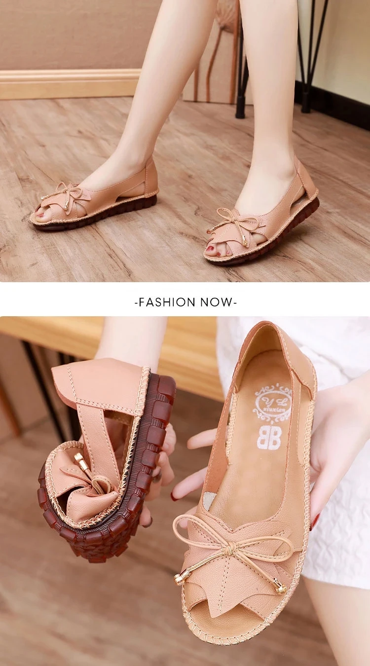 Lorilury Red Bowtie Peep Toe Summer Sandals Women Breathable Leather Moccasin Female Ladies Wedges Elegant Shoes Big Size 41 42