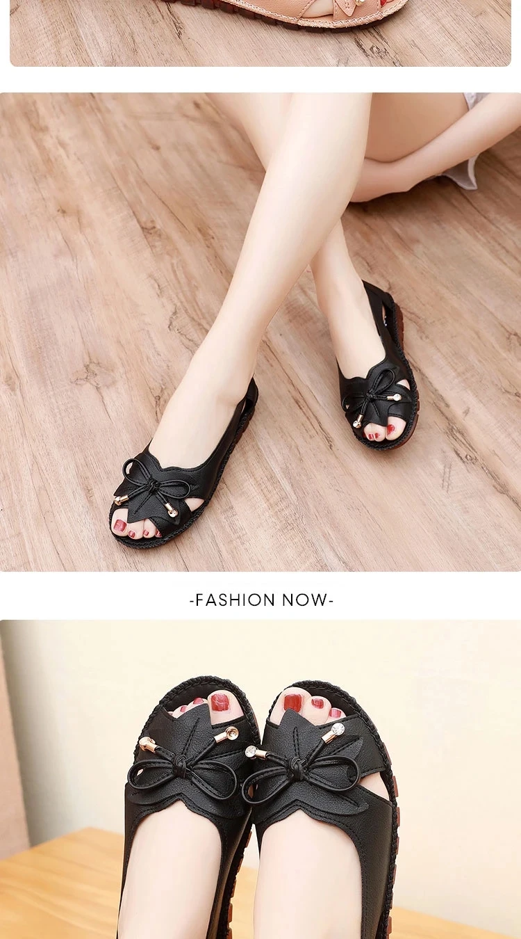 Lorilury Red Bowtie Peep Toe Summer Sandals Women Breathable Leather Moccasin Female Ladies Wedges Elegant Shoes Big Size 41 42
