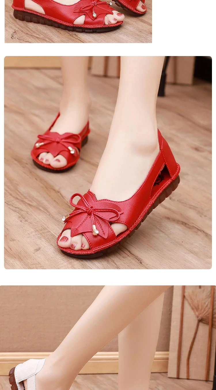 Lorilury Red Bowtie Peep Toe Summer Sandals Women Breathable Leather Moccasin Female Ladies Wedges Elegant Shoes Big Size 41 42