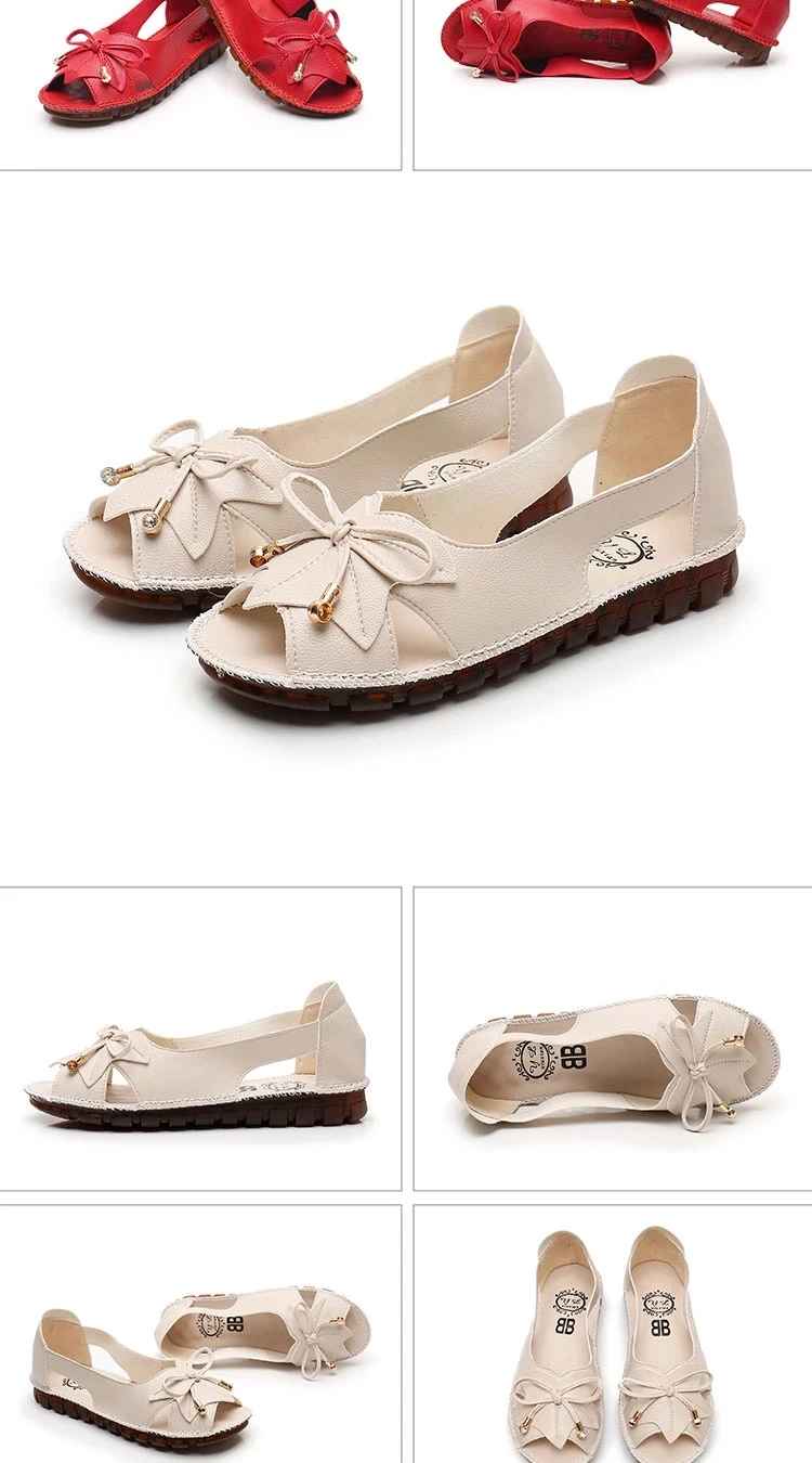 Lorilury Red Bowtie Peep Toe Summer Sandals Women Breathable Leather Moccasin Female Ladies Wedges Elegant Shoes Big Size 41 42