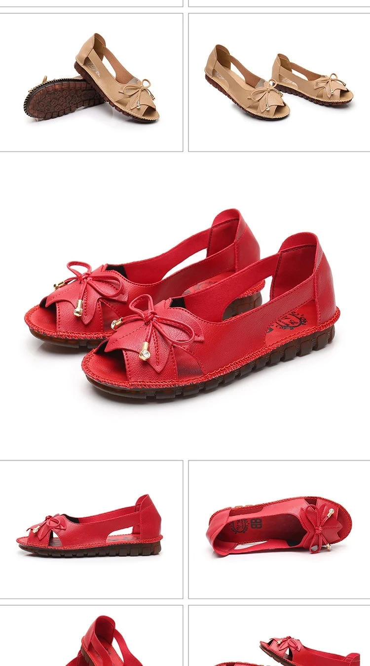 Lorilury Red Bowtie Peep Toe Summer Sandals Women Breathable Leather Moccasin Female Ladies Wedges Elegant Shoes Big Size 41 42
