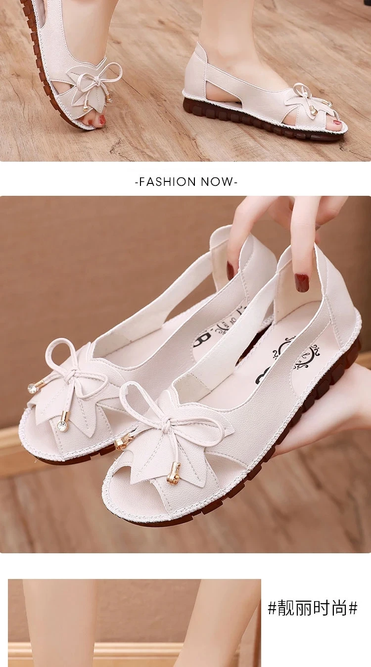Lorilury Red Bowtie Peep Toe Summer Sandals Women Breathable Leather Moccasin Female Ladies Wedges Elegant Shoes Big Size 41 42