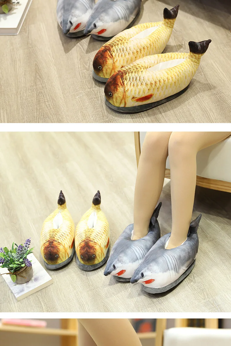 Winter Cotton Slippers For Men And Women Funny Simulation Fish Cotton Slippers Non-Slip Thick-Soled Home Plush Cotton Shoes