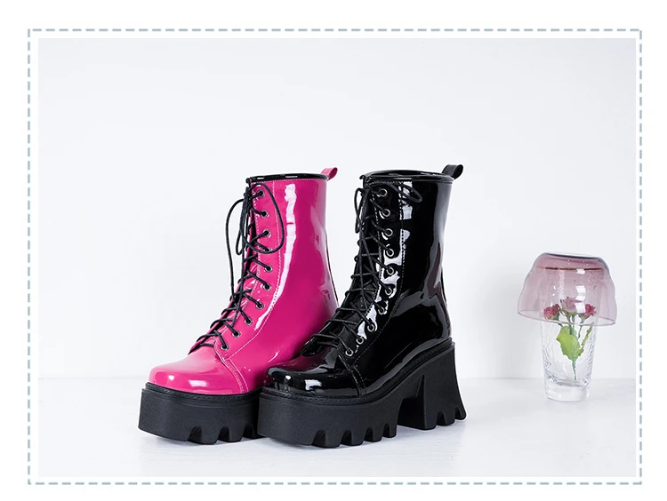 2021 New Bright Patent Leather Street Fashion Style Boots With Cross Straps Super Thick And High Rose Red Mid-Calf Boots