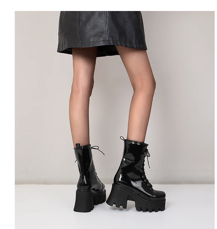 2021 New Bright Patent Leather Street Fashion Style Boots With Cross Straps Super Thick And High Rose Red Mid-Calf Boots