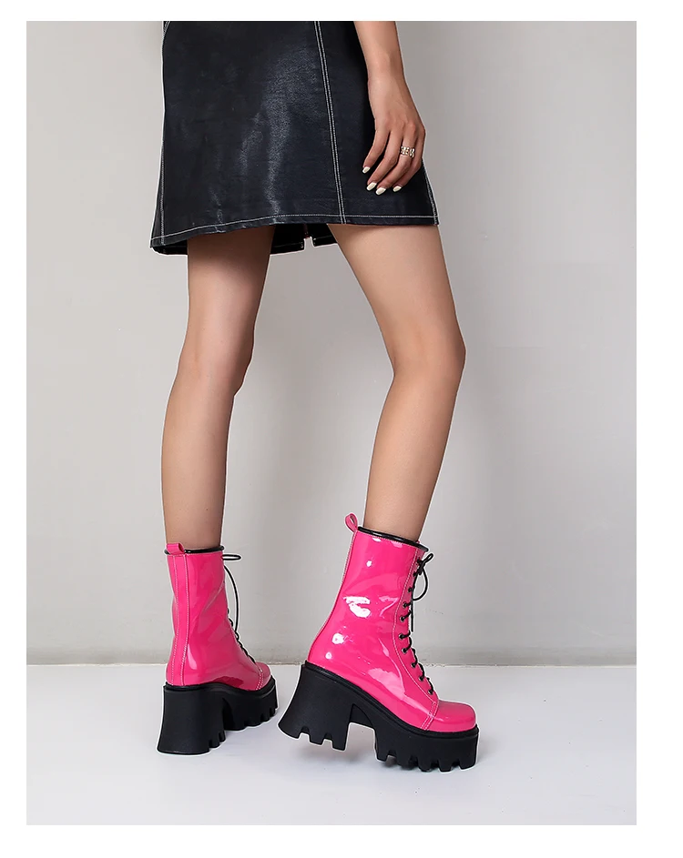 2021 New Bright Patent Leather Street Fashion Style Boots With Cross Straps Super Thick And High Rose Red Mid-Calf Boots