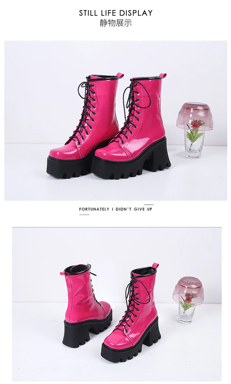 2021 New Bright Patent Leather Street Fashion Style Boots With Cross Straps Super Thick And High Rose Red Mid-Calf Boots