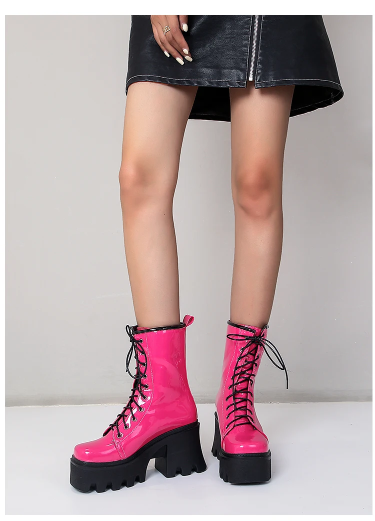 2021 New Bright Patent Leather Street Fashion Style Boots With Cross Straps Super Thick And High Rose Red Mid-Calf Boots