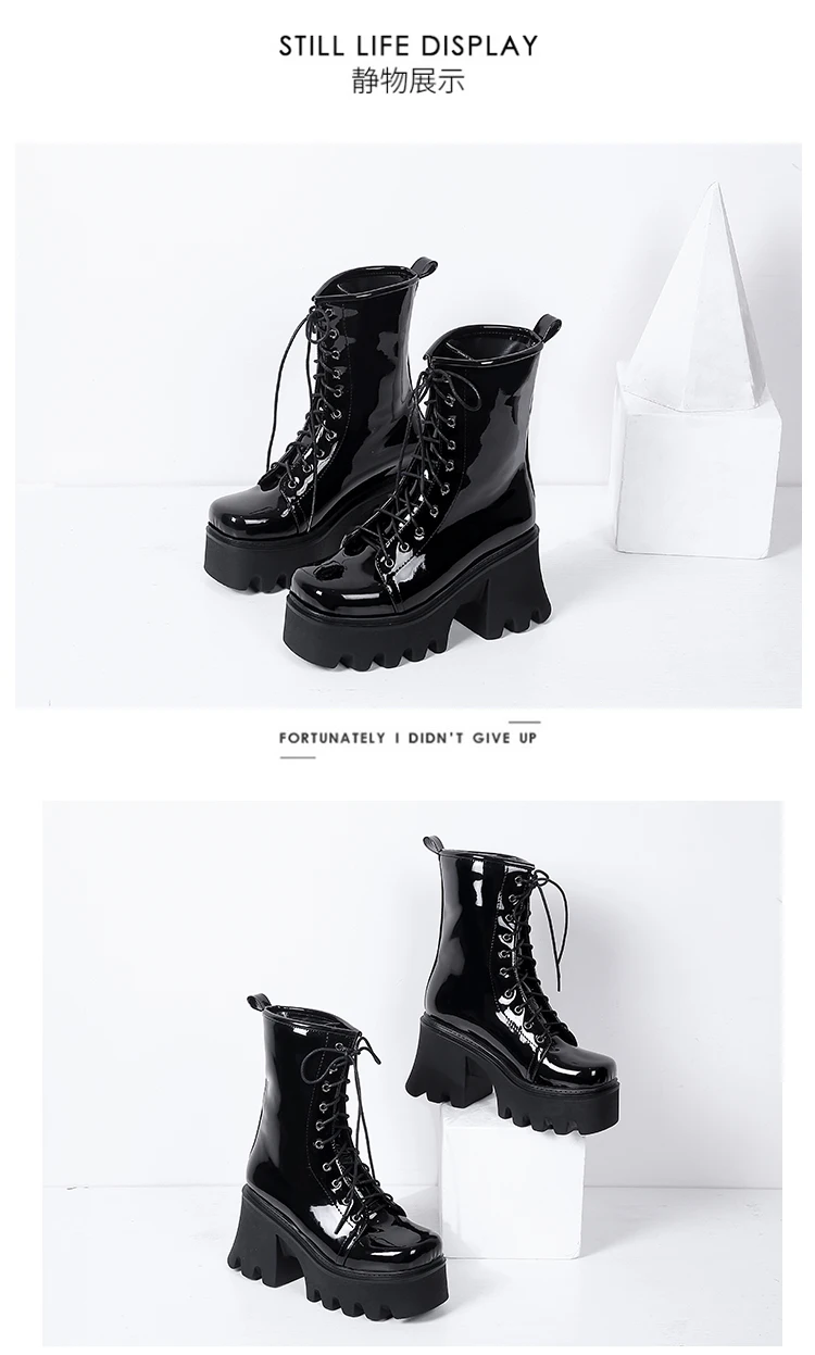 2021 New Bright Patent Leather Street Fashion Style Boots With Cross Straps Super Thick And High Rose Red Mid-Calf Boots