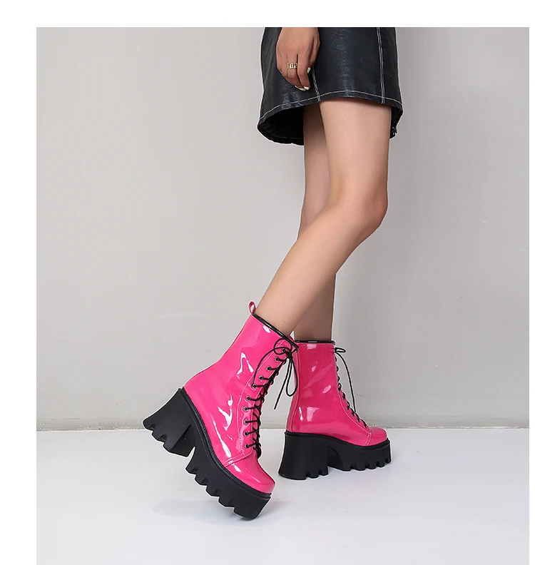 2021 New Bright Patent Leather Street Fashion Style Boots With Cross Straps Super Thick And High Rose Red Mid-Calf Boots