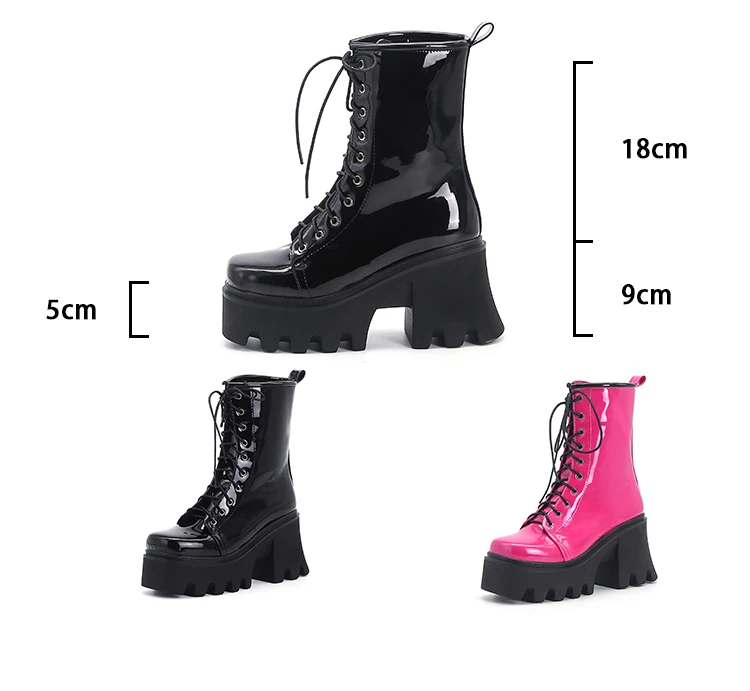 2021 New Bright Patent Leather Street Fashion Style Boots With Cross Straps Super Thick And High Rose Red Mid-Calf Boots