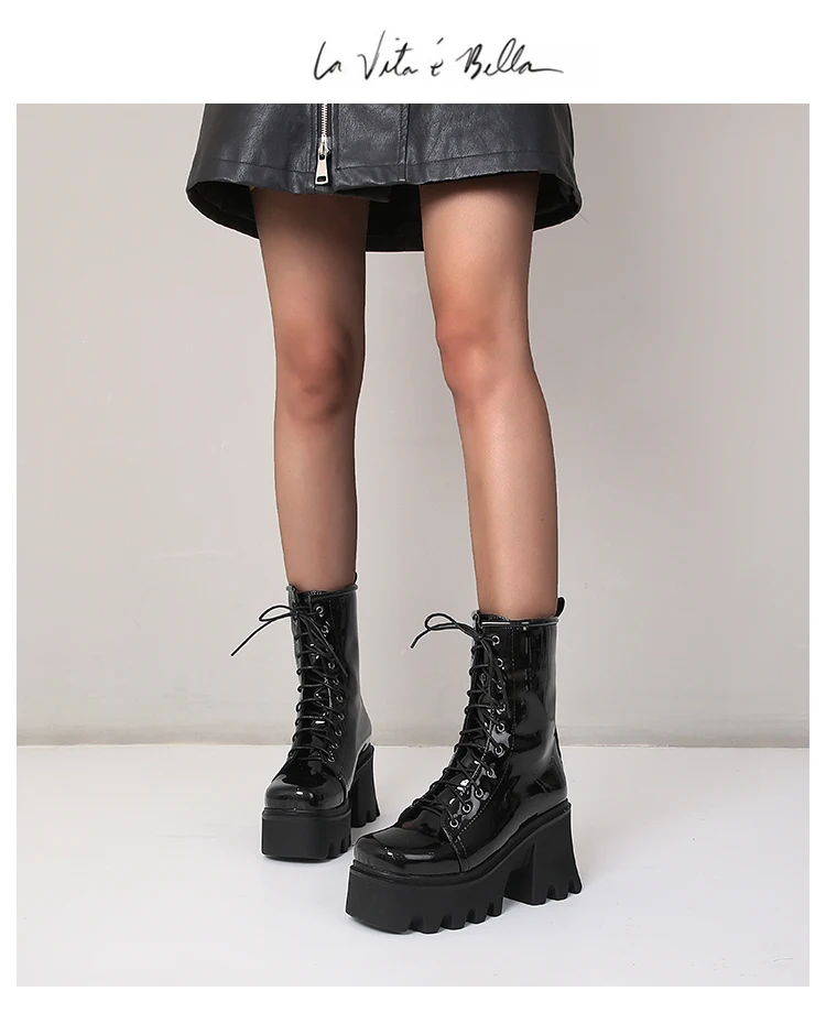 2021 New Bright Patent Leather Street Fashion Style Boots With Cross Straps Super Thick And High Rose Red Mid-Calf Boots