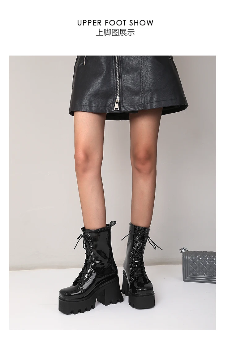 2021 New Bright Patent Leather Street Fashion Style Boots With Cross Straps Super Thick And High Rose Red Mid-Calf Boots