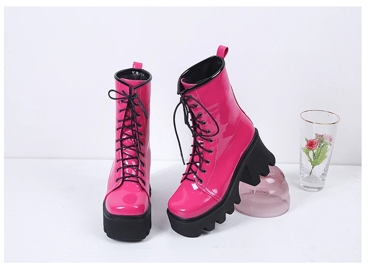 2021 New Bright Patent Leather Street Fashion Style Boots With Cross Straps Super Thick And High Rose Red Mid-Calf Boots