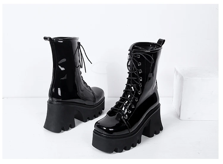2021 New Bright Patent Leather Street Fashion Style Boots With Cross Straps Super Thick And High Rose Red Mid-Calf Boots