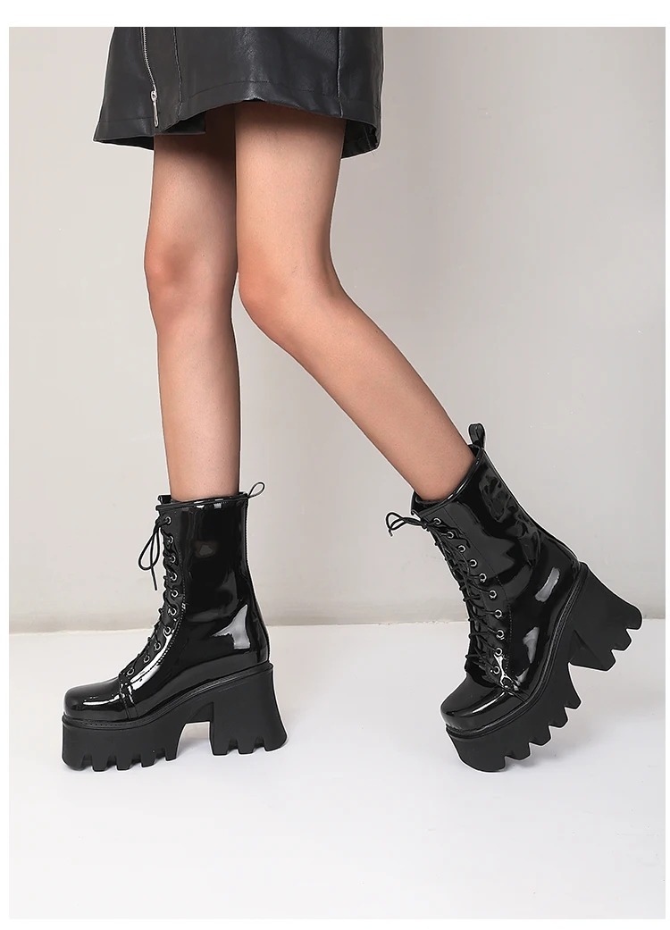2021 New Bright Patent Leather Street Fashion Style Boots With Cross Straps Super Thick And High Rose Red Mid-Calf Boots